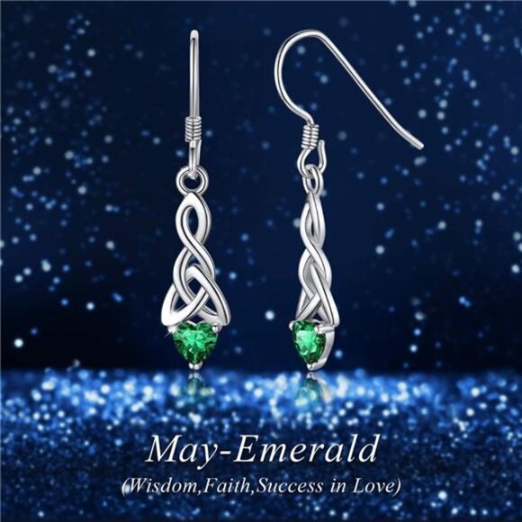 Sparkling Heart Birthstone 925 Sterling Silver Celtic Knot Dangle Hook Earrings - Picture 4 of 7